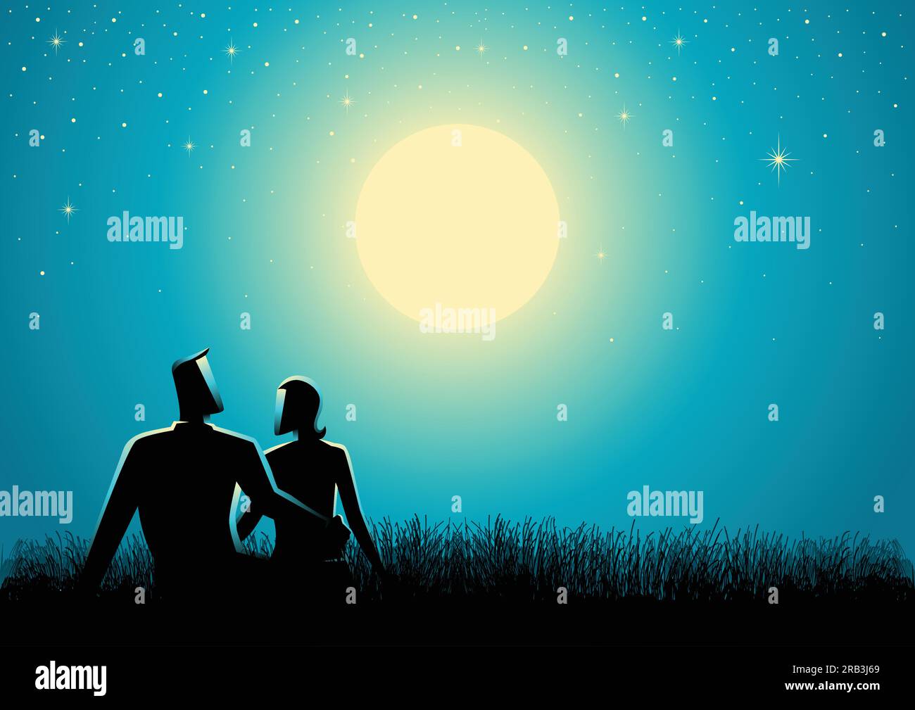 Graphic silhouette of couple sitting on grass watching the full moon Stock Vector