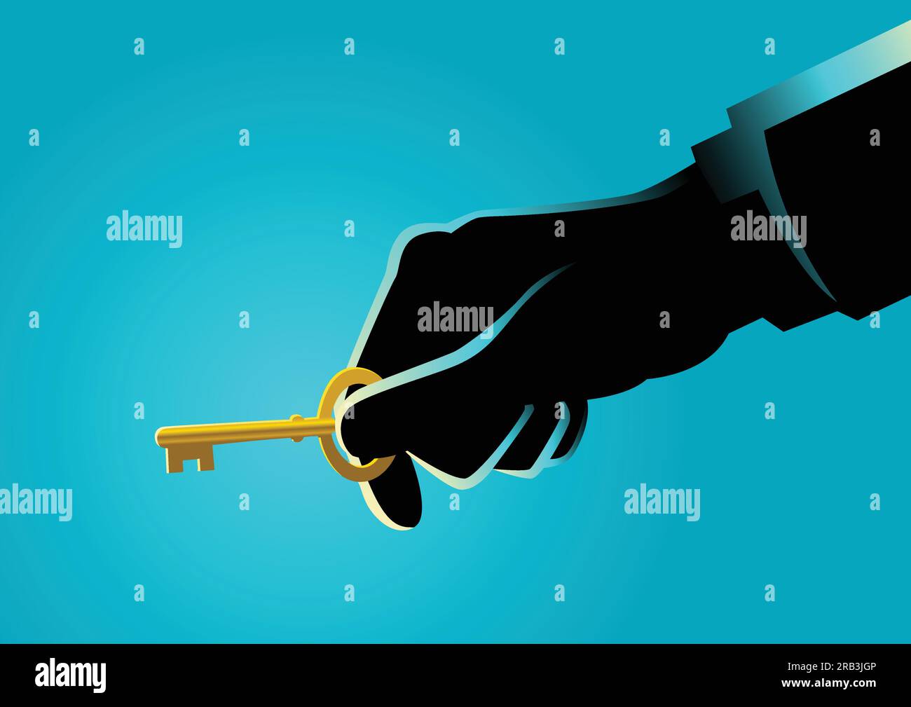 Business concept illustration of a businessman hand holding a golden ...