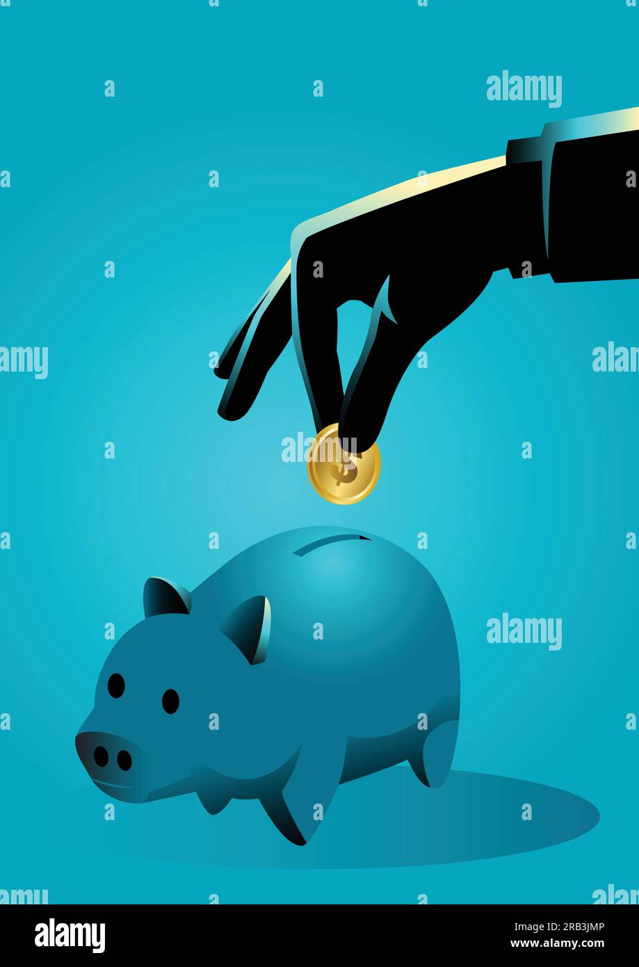 Business concept illustration of hand inserting a gold coin into a ...
