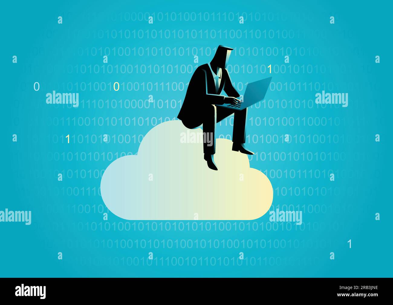 Business concept illustration of a businessman sits on cloud working with laptop computer with binary numbers as the background Stock Vector