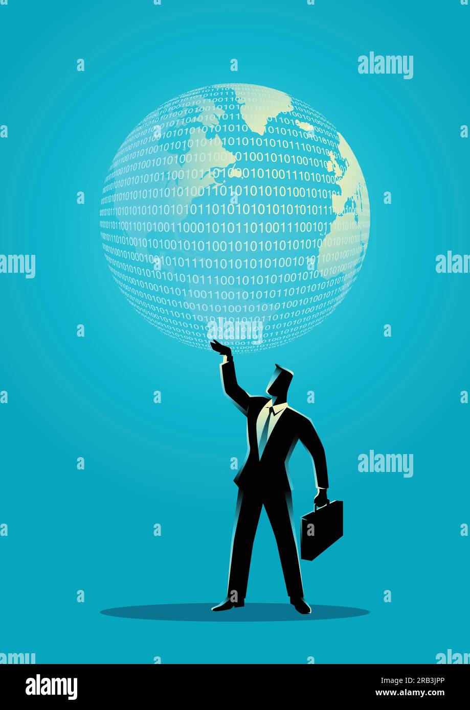 Business concept illustration of a businessman holding a digital globe ...