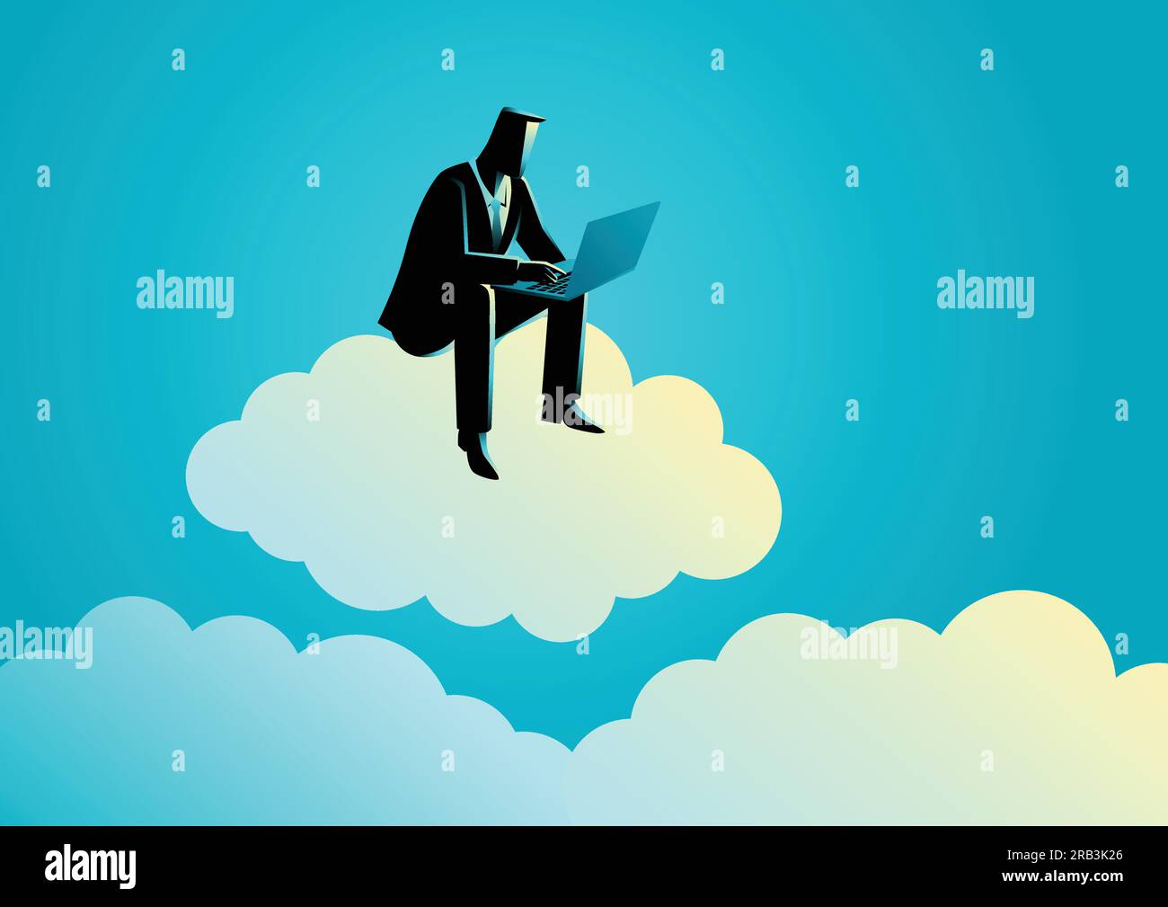 Business concept illustration of a businessman sits on cloud working with laptop computer Stock Vector