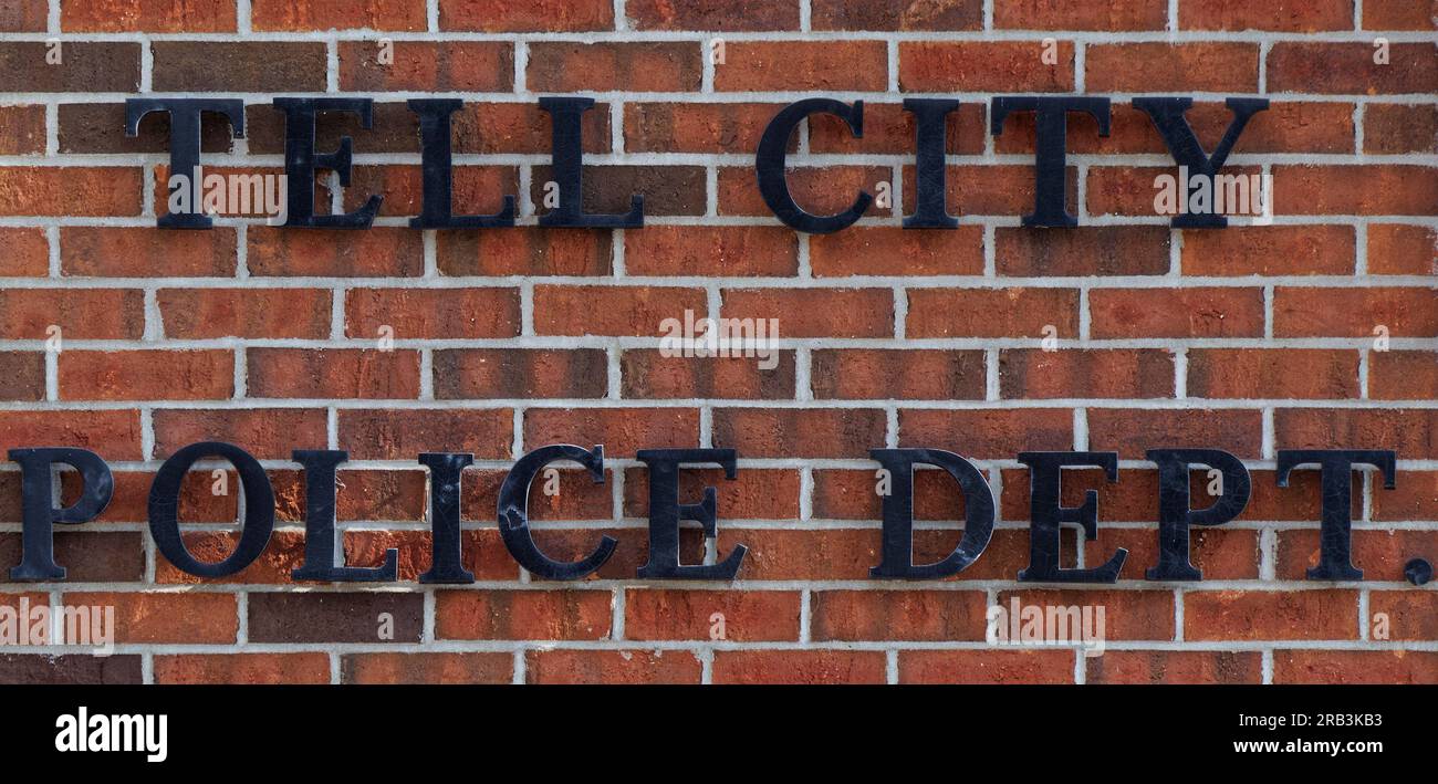 A Tell City Police Department sign adorns the outside of the Mozart Street police station on Thursday, July 6, 2023 in Tell City, Troy Township, Perry County, IN, USA. Tell City Police Sgt. Heather J. Glenn, 47, was shot and killed July 3 while trying to arrest a domestic violence suspect at a local hospital, becoming the first line-of-duty death in the Tell City Police Department's nearly 165-year history and second Indiana police officer to be killed in the line of duty in less than a week. (Apex MediaWire Photo by Billy Suratt) Stock Photo