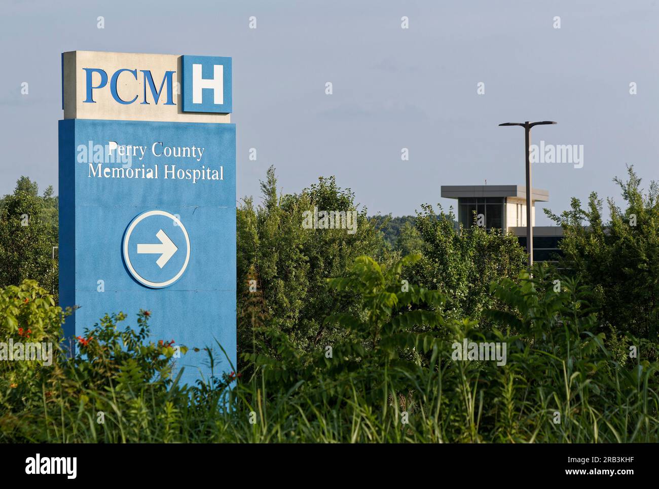A sign marks the entrance to Perry County Memorial Hospital on Thursday, July 6, 2023 in Tell City, Troy Township, Perry County, IN, USA. Tell City Police Department Sgt. Heather J. Glenn, 47, was shot and killed July 3 while trying to arrest a domestic violence suspect inside the hospital, becoming the first line-of-duty death in the Tell City Police Department's nearly 165-year history and second Indiana police officer to be killed in the line of duty in less than a week. (Apex MediaWire Photo by Billy Suratt) Stock Photo