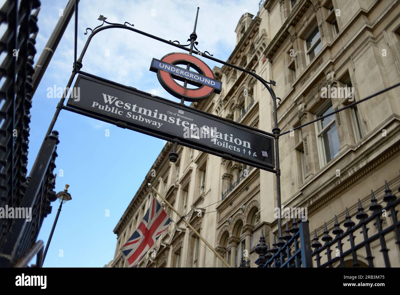 Entrance to Westminster underground station in the centre of London Stock Photo