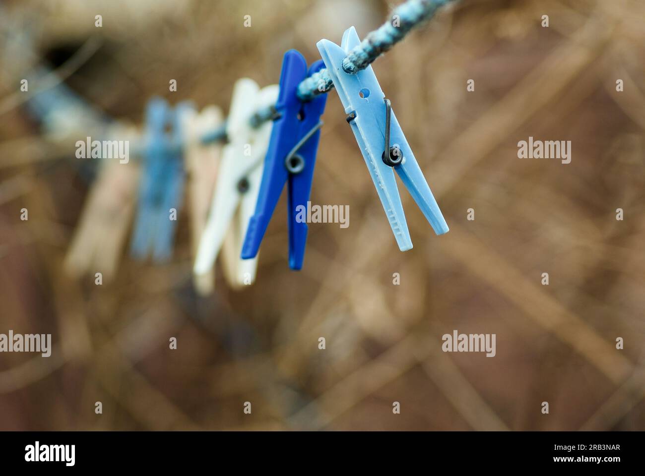 Clothespins hanging on an empty clothesline outdoors in garden  in springtime. Stock Photo