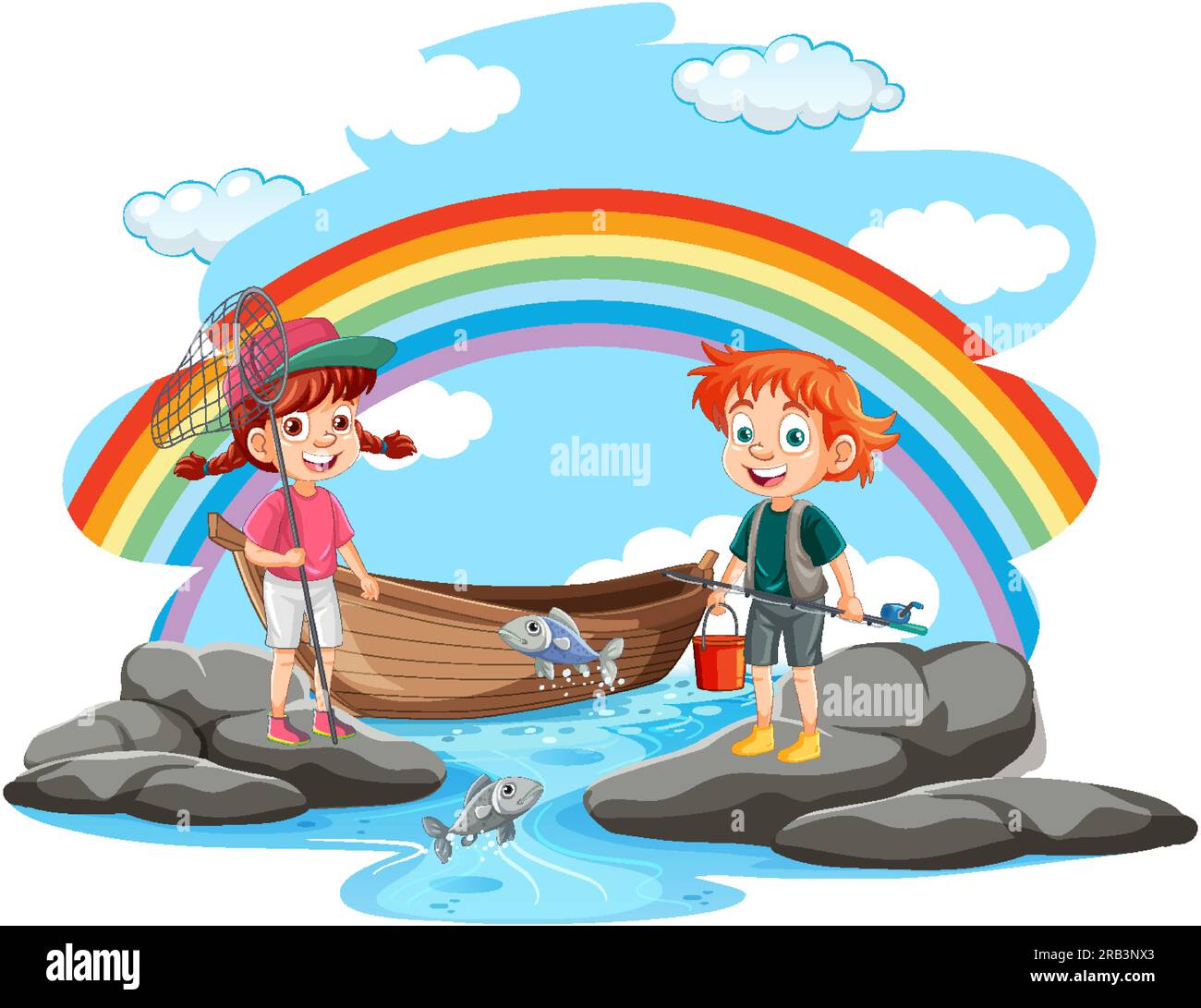 Kids Fishing in Pond illustration Stock Vector Image & Art - Alamy