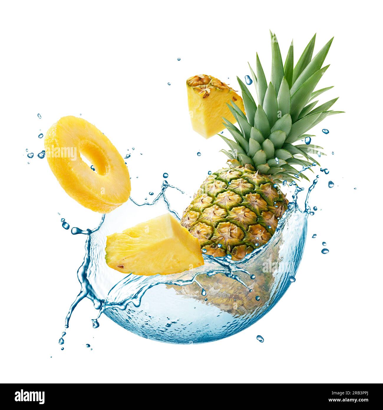 Pineapple with water splash in circle shape isolated on white
