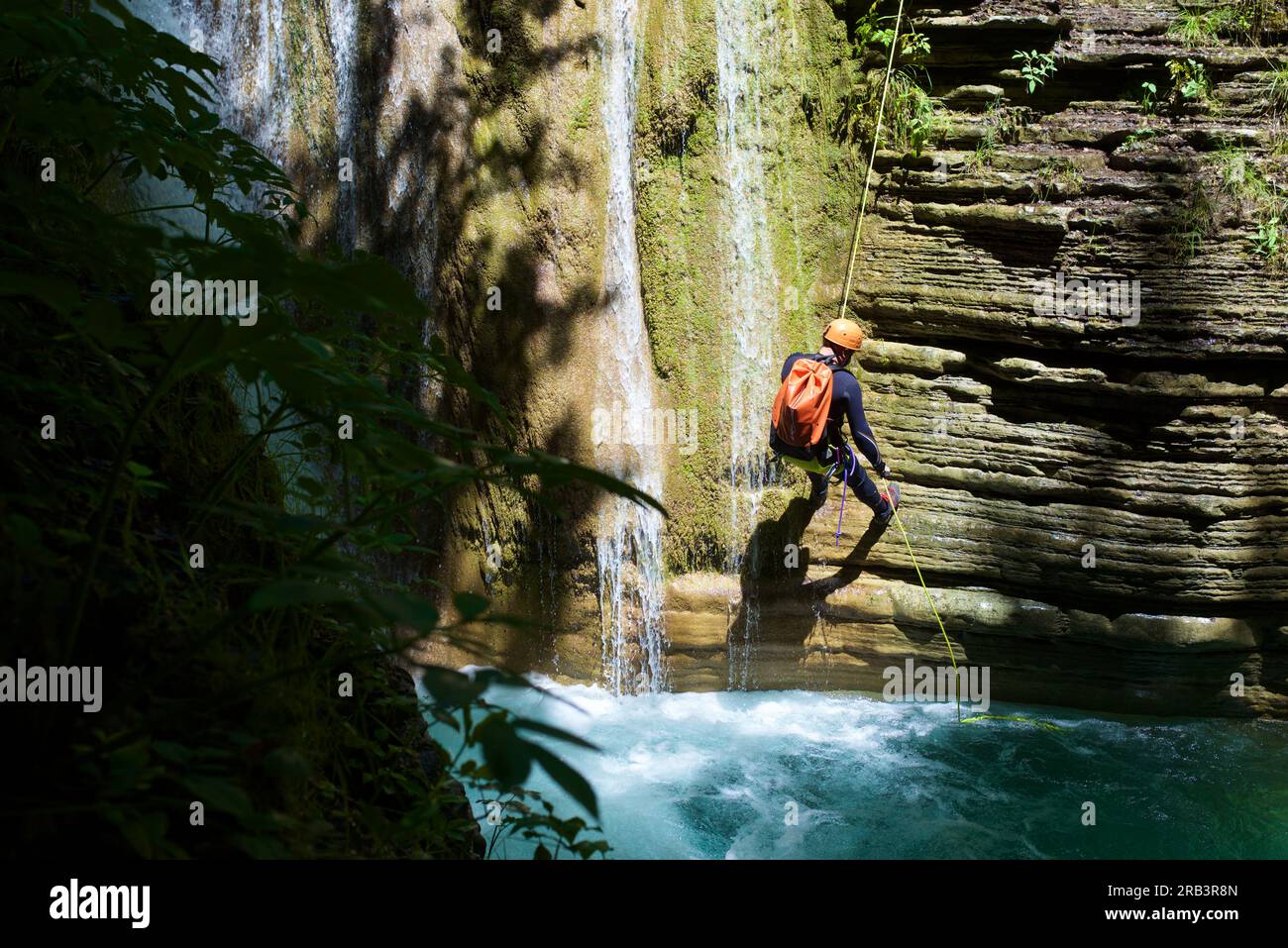 Canyoneering in Forcos Canyon in Spanish Pyrenees Stock Photo
