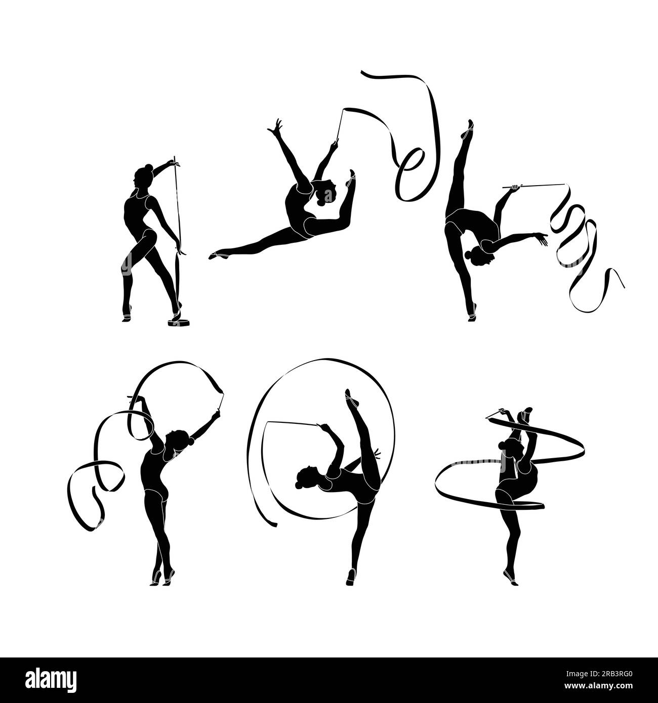 Ribbon Rhythmic Gymnastics set flat sihouette vector on white