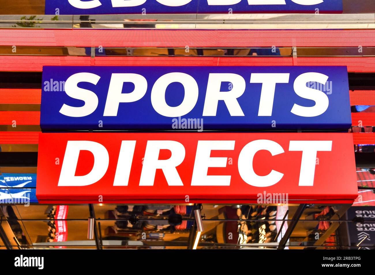 London, England, UK - 28 June 2023: Sign above the entrance of a branch of Sports Direct in central London. Stock Photo
