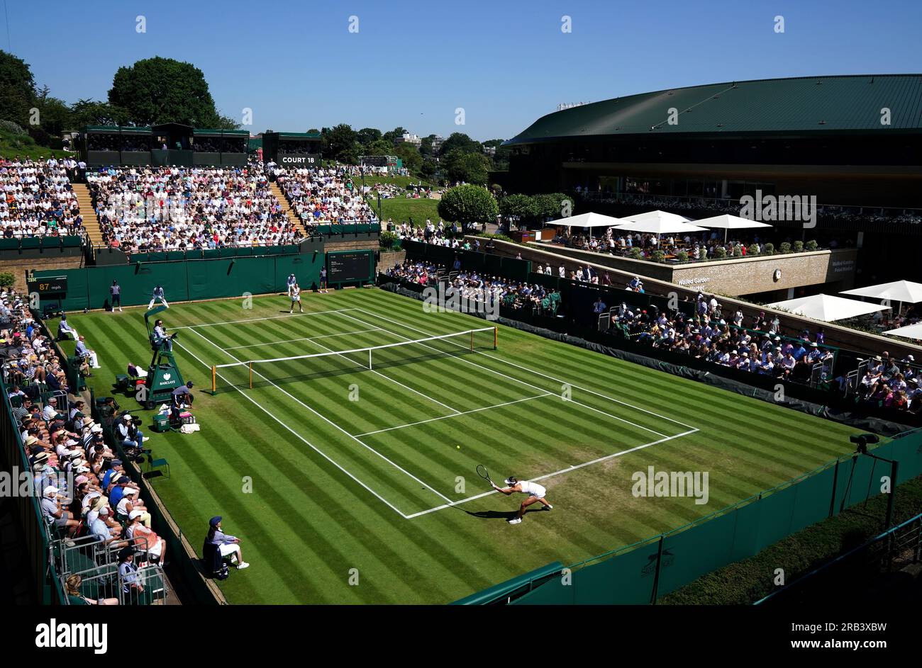 A general view of the action on court 18 between Marta Kostyuk and Paula Badosa on day five of the 2023 Wimbledon Championships at the All England Lawn Tennis and Croquet Club in Wimbledon. Picture date: Friday July 7, 2023. Stock Photo