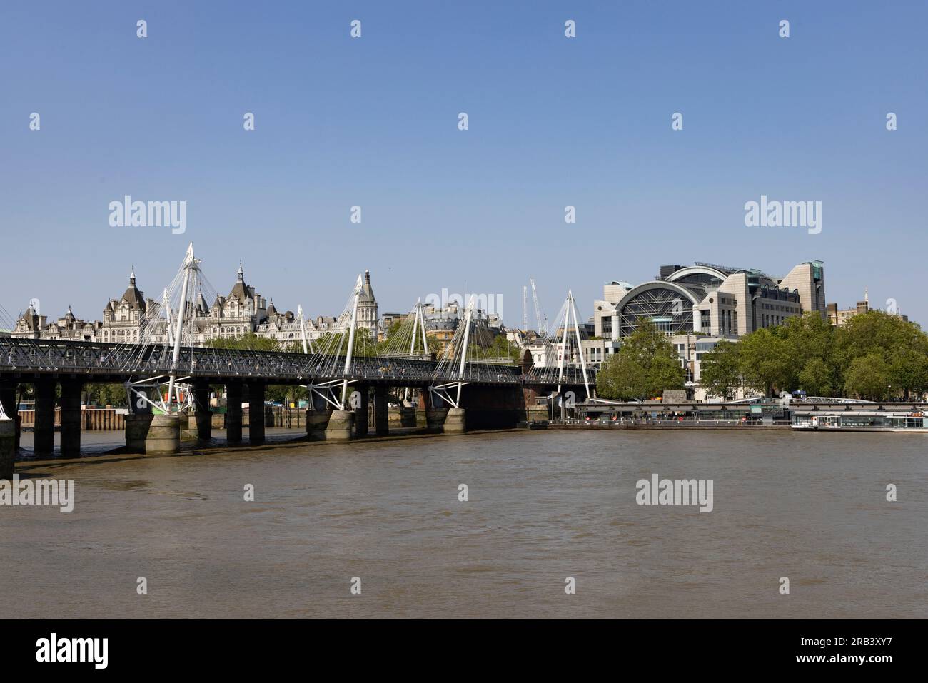 Charing Cross Station and bridge seen from the South Bank of the River Thames Stock Photo