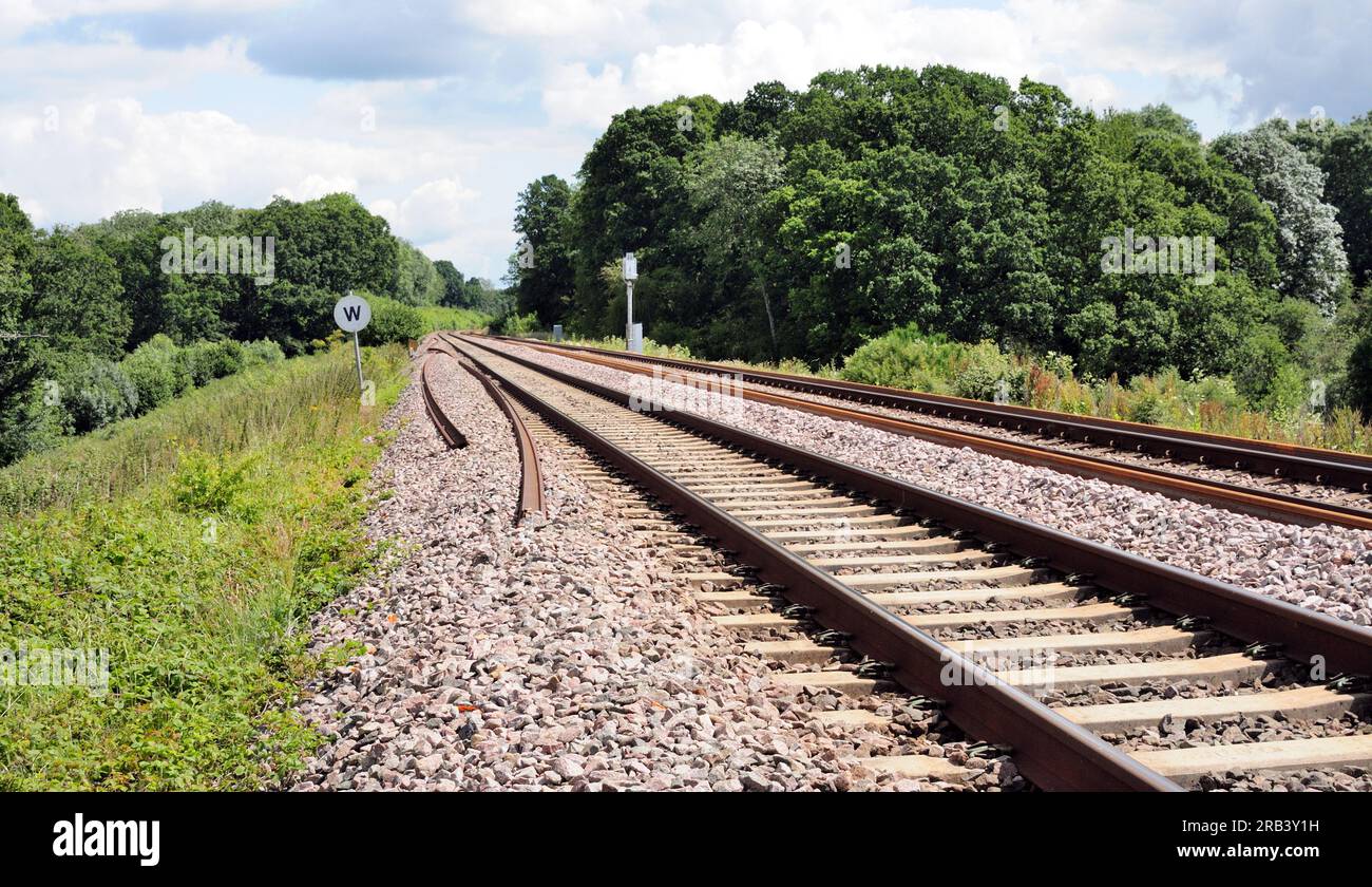 Lineside view of a double track railway line, as seen from a public