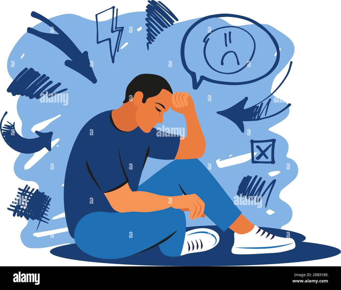 Mental disorder concept. Depression man. Stress, despair, anxiety disorder, fatigue. Vector illustration. Stock Vector