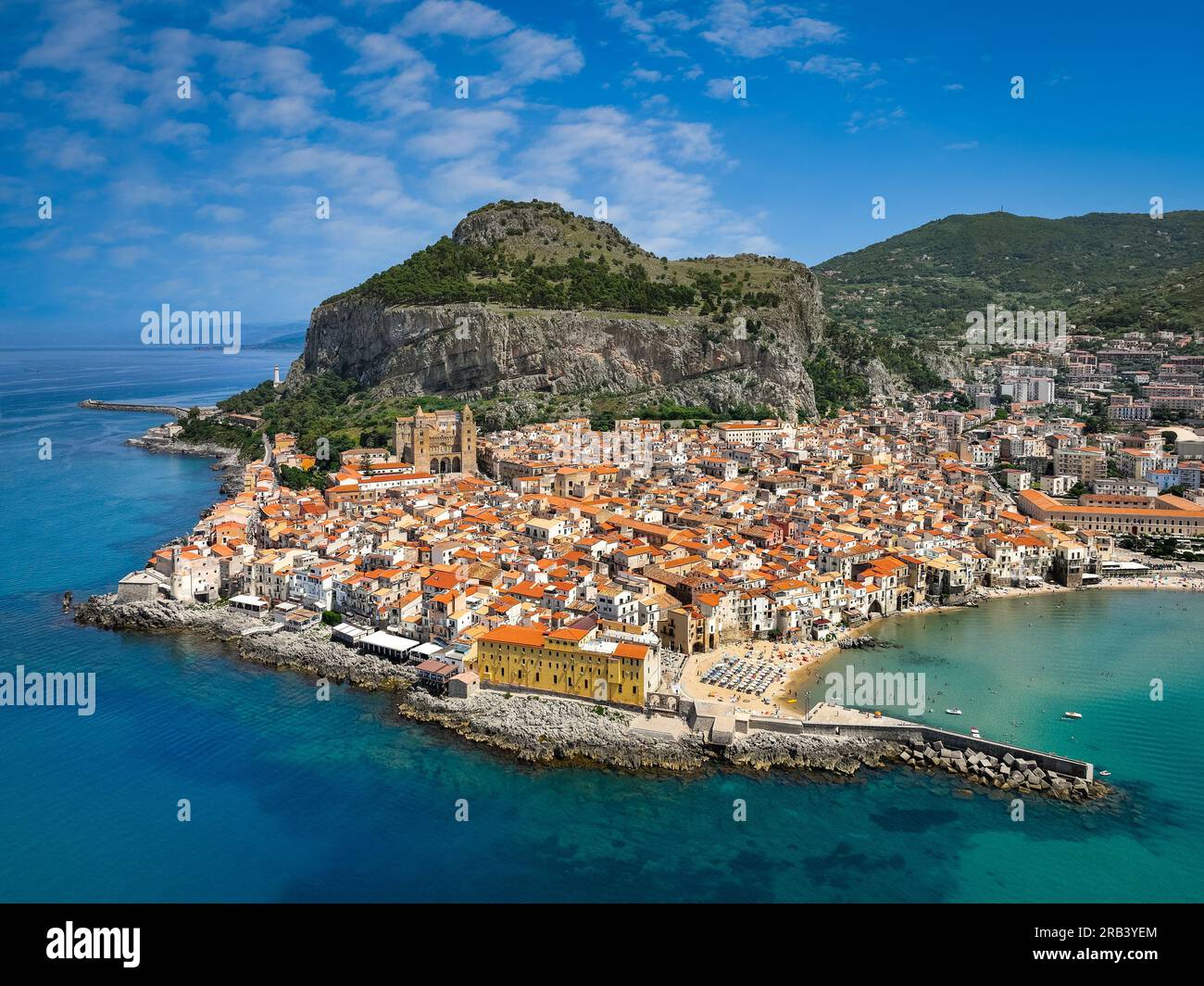 Aerial View Of Cefalu On The Tyrrhenian Coast Of Sicily Italy Stock Aerial View Of Cefalu On The Tyrrhenian Coast Of Sicily Italy Stock