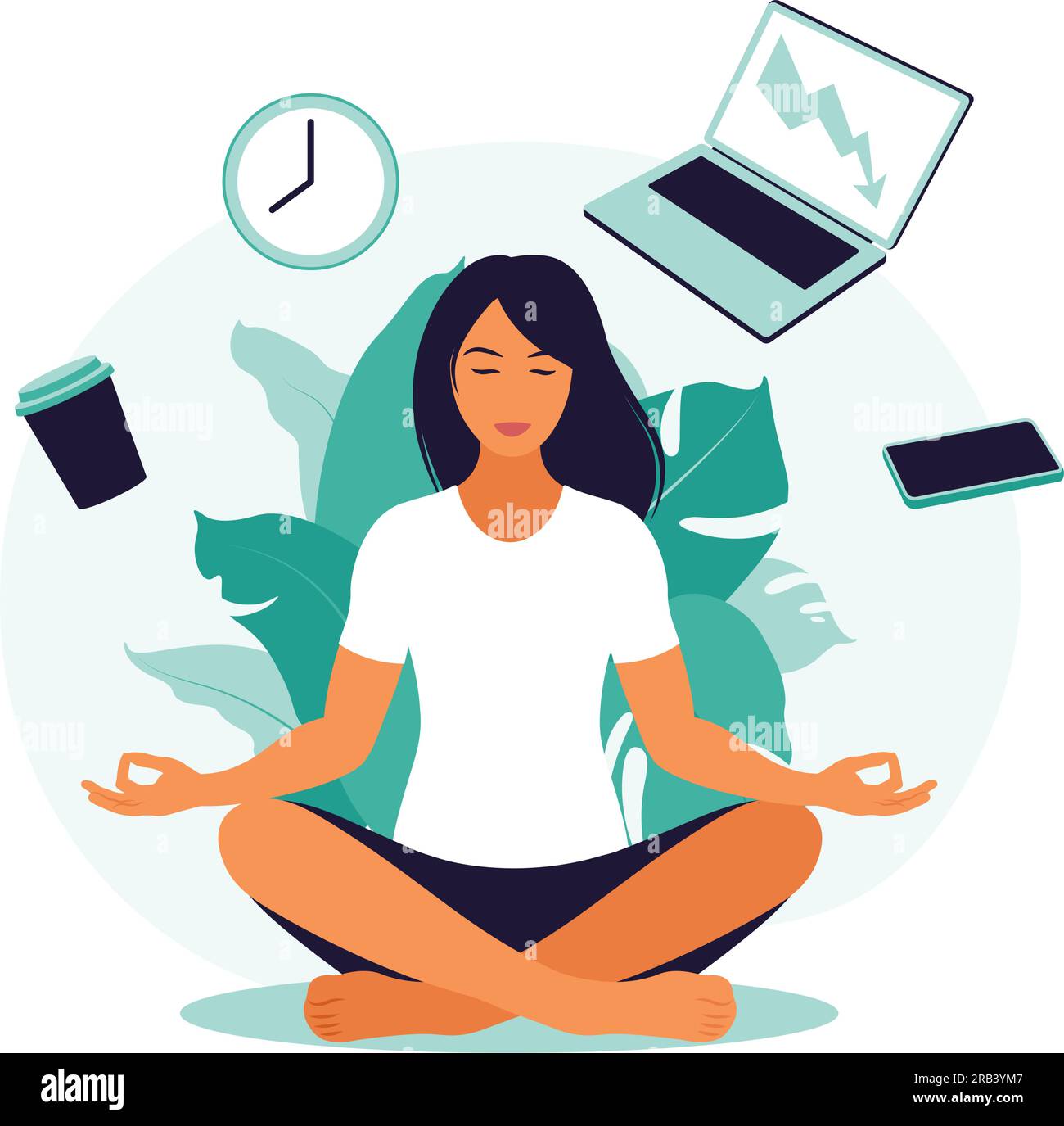 Time management concept. Business woman practicing meditation and yoga ...