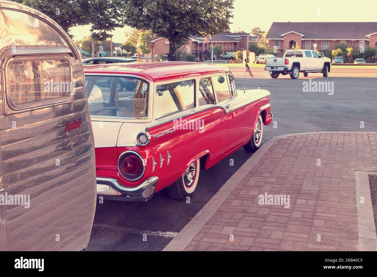 Classsic American Ranch Station Wagon with caravan in a parking lot in Cedar City Utah USA Stock Photo