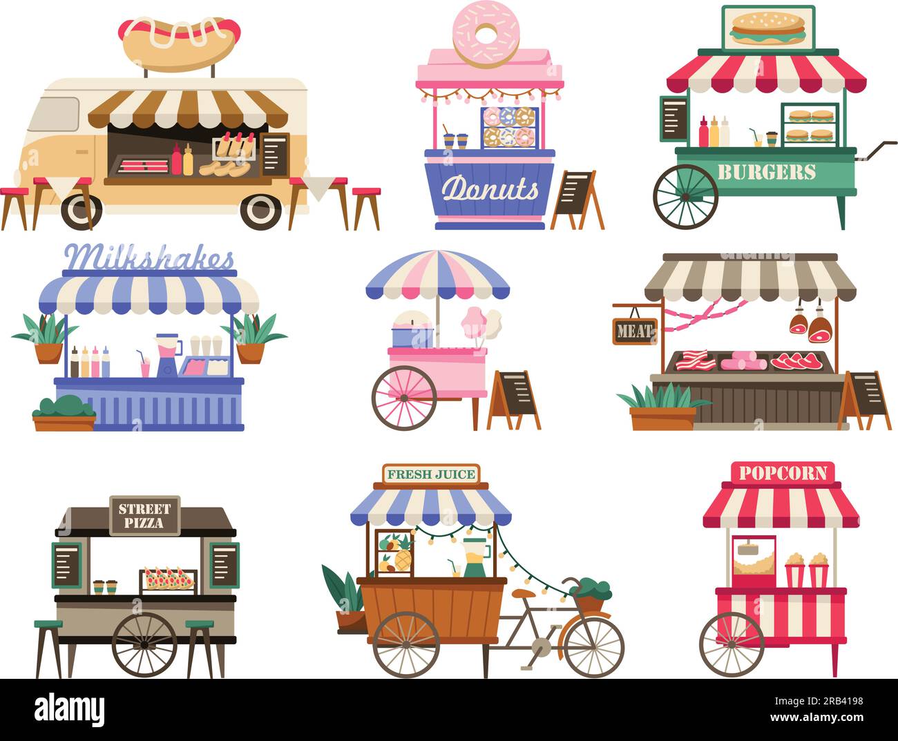 Street vendor booths. Outdoor local market stalls and fast food kiosks. Festival food court cartoon vector illustration set Stock Vector