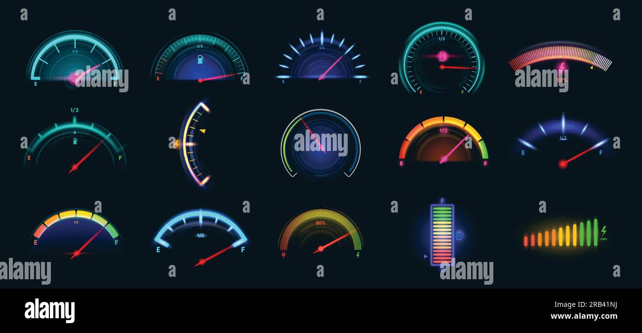 Car dashboard meter designs. Colorful speedometer, fuel gauge and