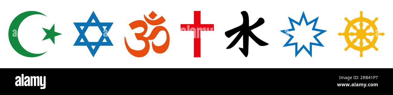 Religious symbols icon set. Islam, Judaism, Christianity, Hinduism, Buddhism, Confucianism, Bahaism. Vector illustration Stock Vector