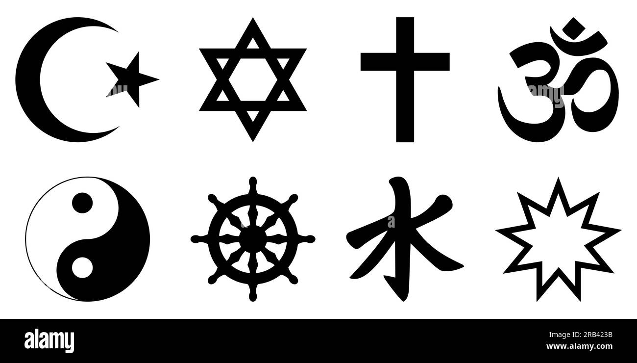 Set of world religion symbols. Islam, Judaism, Christianity, Hinduism, Taoism, Buddhism, Confucianism, Bahaism. Vector illustration Stock Vector