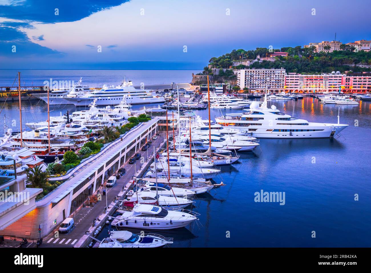 Monaco. Port de Monaco and yacht marina, morning cloudy twilight on French Riviera. Stock Photo