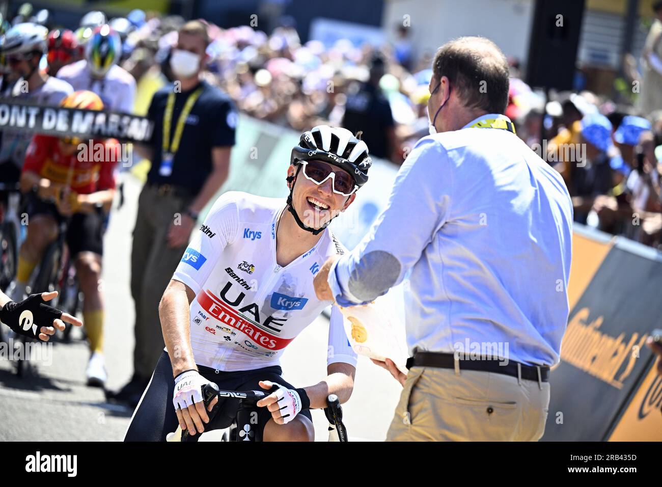 Mont De Marsan, France. 07th July, 2023. Slovenian Tadej Pogacar of UAE Team Emirates and Christian Prudhomme, cycling director of ASO (Amaury Sport Organisation) pictured at the start of stage 7 of the Tour de France cycling race, a 169, 9 km race from Mont-de-Marsan to Bordeaux, France, Friday 07 July 2023. This year's Tour de France takes place from 01 to 23 July 2023. BELGA PHOTO JASPER JACOBS Credit: Belga News Agency/Alamy Live News Stock Photo