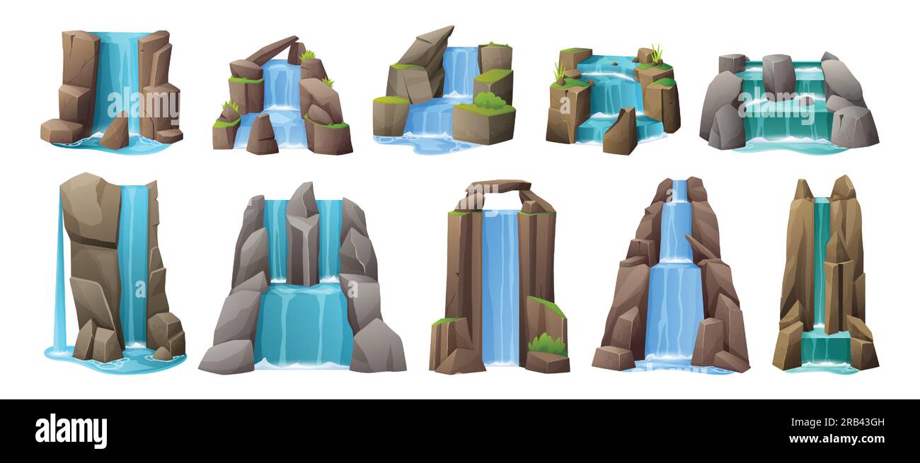 Cartoon waterfall. Cartoon water cascade icons, tropical nature landscape scenery river falls from hill with splashes. Vector isolated set Stock Vector