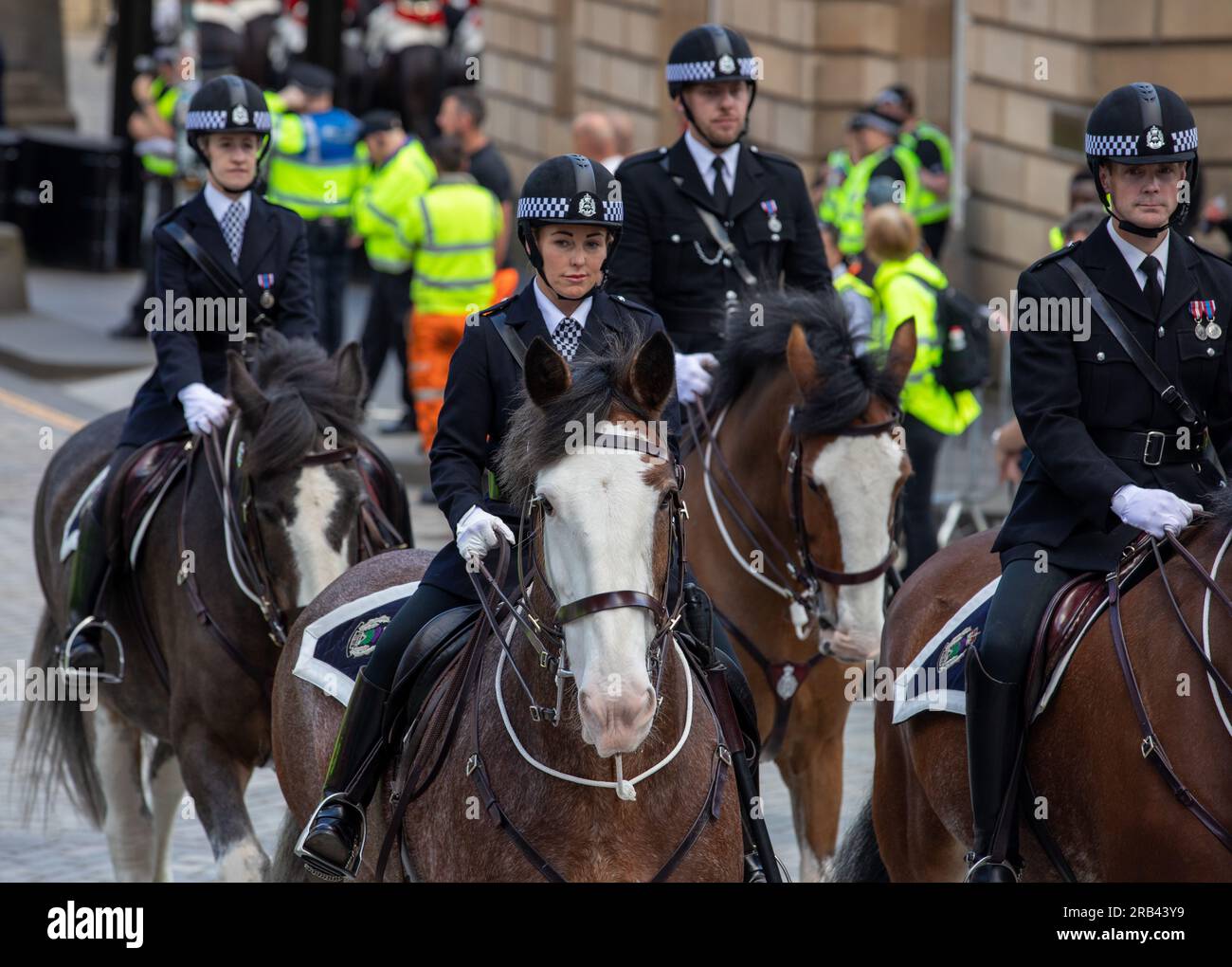 Mounted police officers from Police Scotland during ceremonial duties in Edinburgh for the King to receive the Honours of Scotland Stock Photo