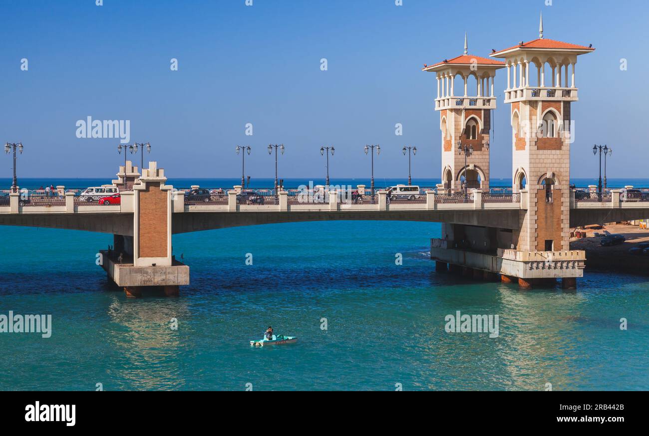 Alexandria, Egypt - December 14, 2018: Stanley Bridge, popular landmark of Alexandria, ordinary people walk the street Stock Photo