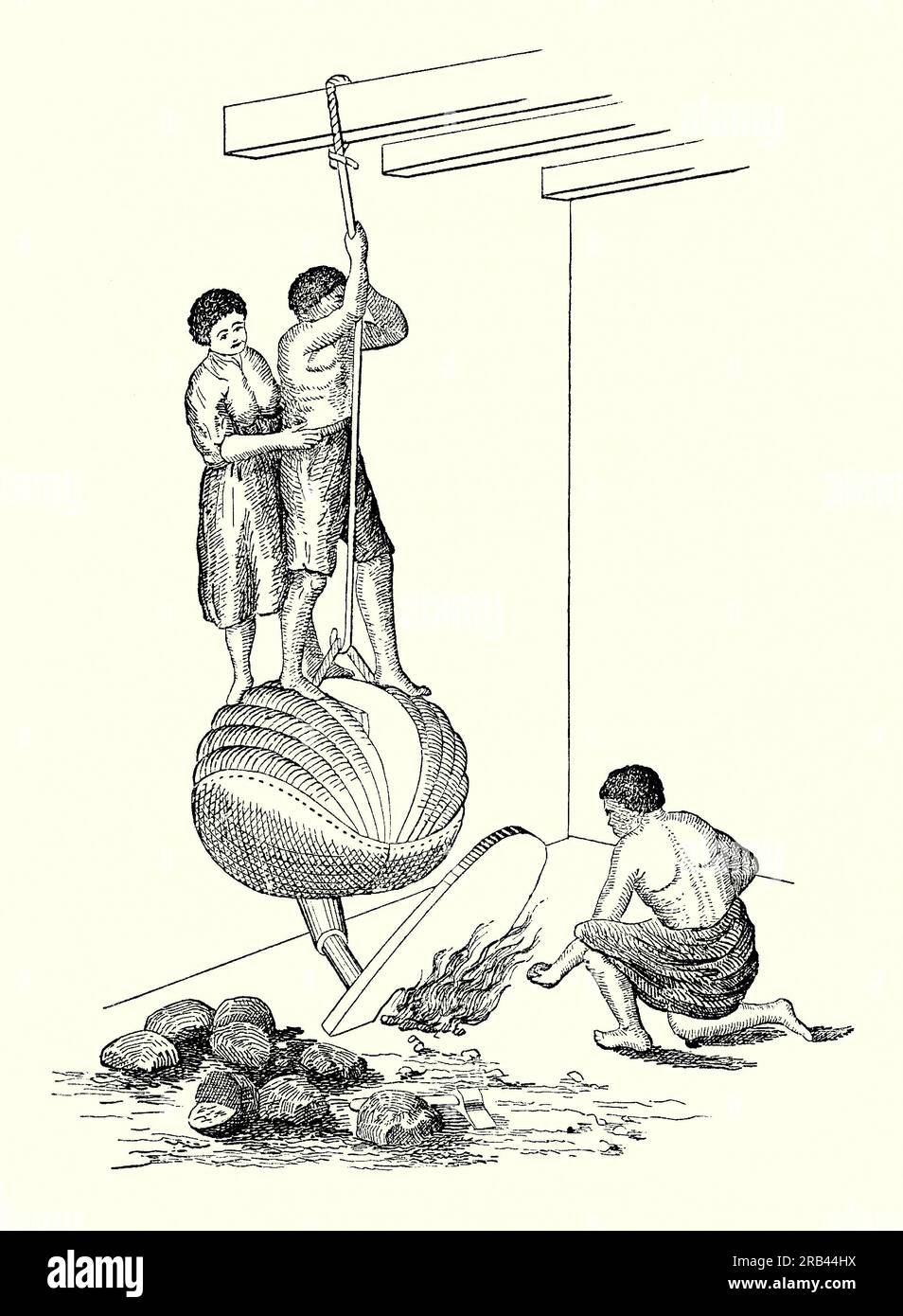 An old engraving of using ‘Nonkreem’ bellows in an early smelting foundry in northern India. It is from a Victorian mechanical engineering book of the 1880s. These bellows were used in smelting iron-containing sand over charcoal fires. The double-action bellows here are worked by a man and a woman standing on them. The flaps are raised by hand and expanded by using their feet. A tube made from bamboo concentrating the blasts of air from the bellows through a small hole cut in a piece of stone and on to the fire containing the sand for smelting. The resulting lumps of iron are seen bottom left. Stock Photo