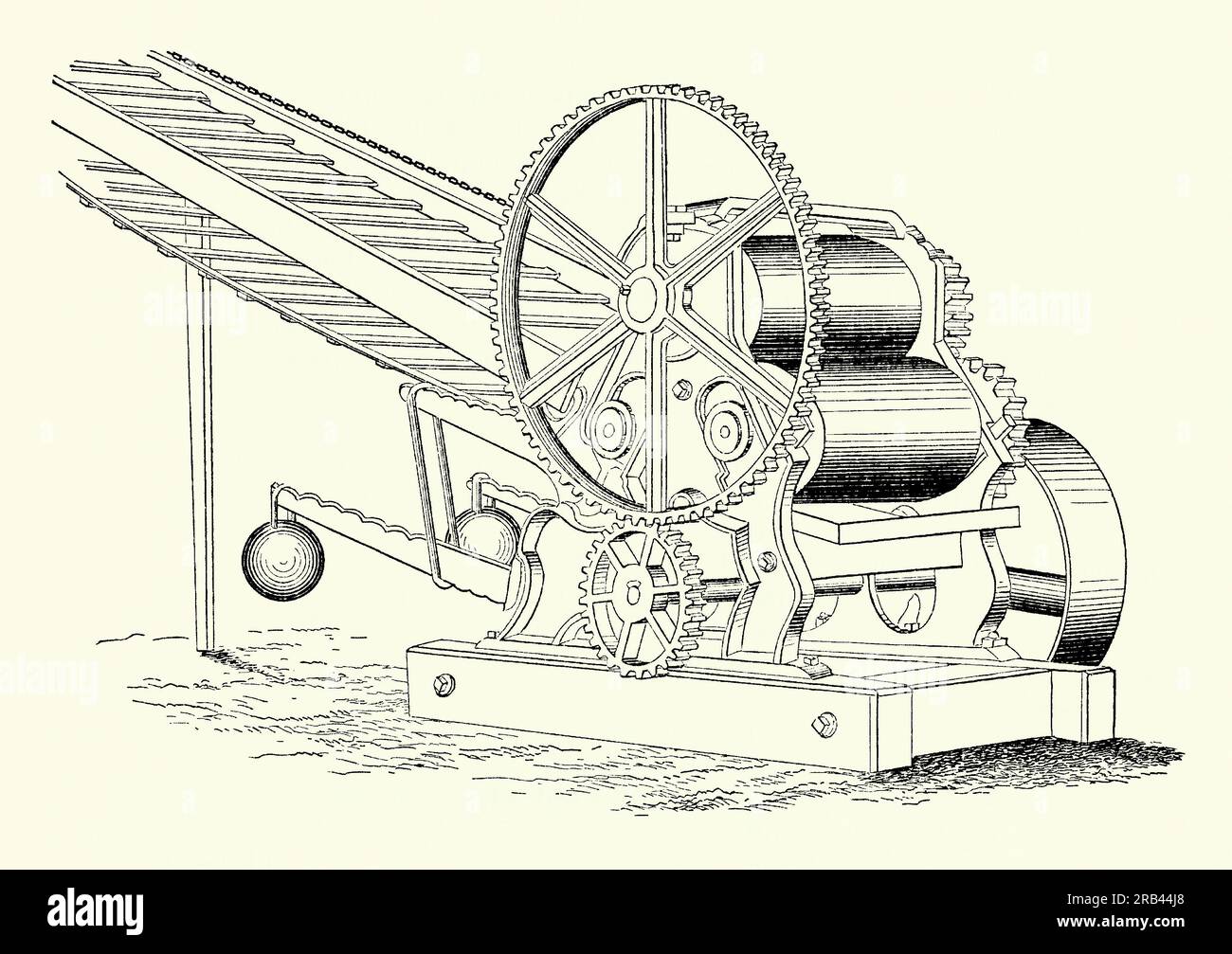 An old engraving of an old sugar cane mill (press or crusher). It is from a Victorian mechanical engineering book of the 1880s. Juice extraction by milling is the process of squeezing the juice from the cane under a set of mills using high pressure between heavy iron rollers – here the cane is fed by a conveyor belt. Mills can have from 3 up to 6 sets of rolls (a set of mills is called a tandem mill or mill train). The juice is collected and sent for further processing. Stock Photo