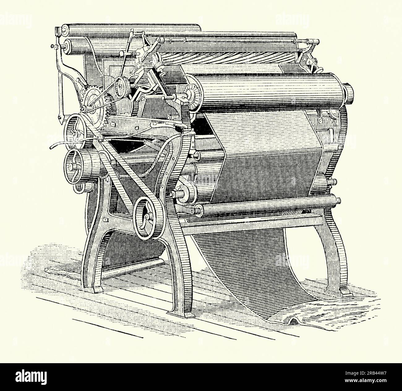 An old engraving of a shearing machine used in the textile mills of the 1800s. It is from a Victorian mechanical engineering book of the 1880s. Shearing where the fabric is enhanced by cutting the loops or raised surface pile to a uniform height. This machine usually has a rotating spiral cylinder blade similar to a lawn mower – the raw cloth is fed into the belt-driven shearer (right). Shearing was most commonly used to make woollen, worsted, moleskin and velvet fabrics. Often called gigging, napping or cropping, a smooth feel was produced by a gradual lowering of the nap (‘dry shearing’). Stock Photo