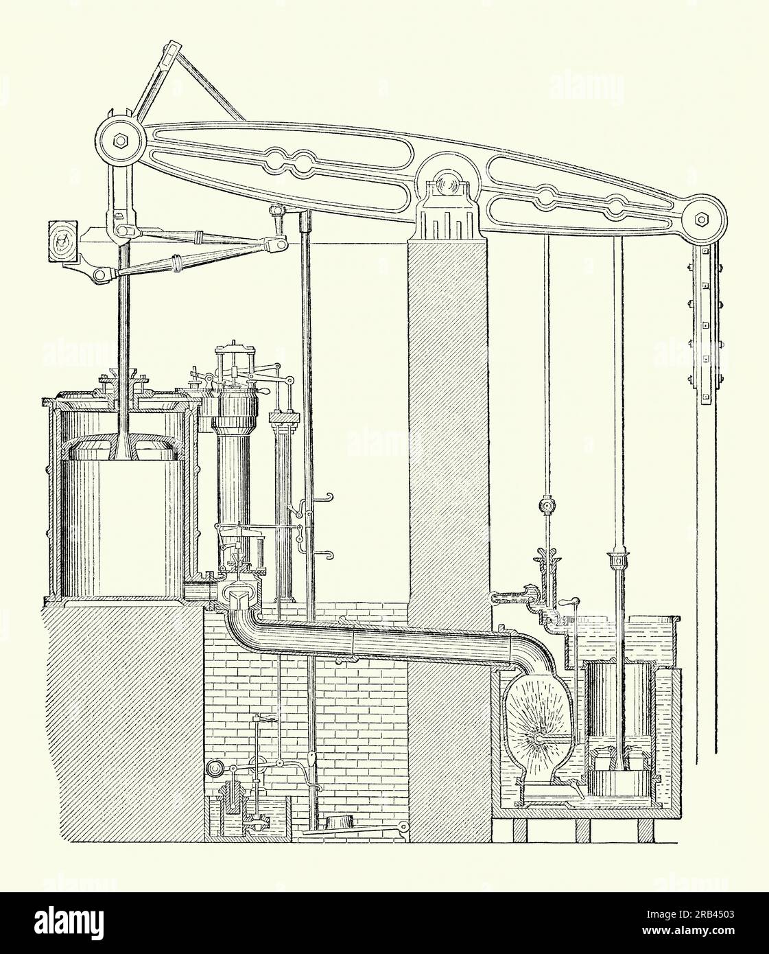 An old engraving of a large Cornish beam engine used in the 1800s. It is from a Victorian mechanical engineering book of the 1880s. The engine was mainly used to pump excess water out of mines. A Cornish engine is a type of steam engine developed in Cornwall, England, UK. It is a beam engine that uses steam at a higher pressure than the earlier atmospheric beam engines designed by Thomas Newcomen and then James Watt. The engines were also used for winching materials into and out of the mine and for powering on-site ore stamping machinery to extract metals like copper and tin from the ore. Stock Photo