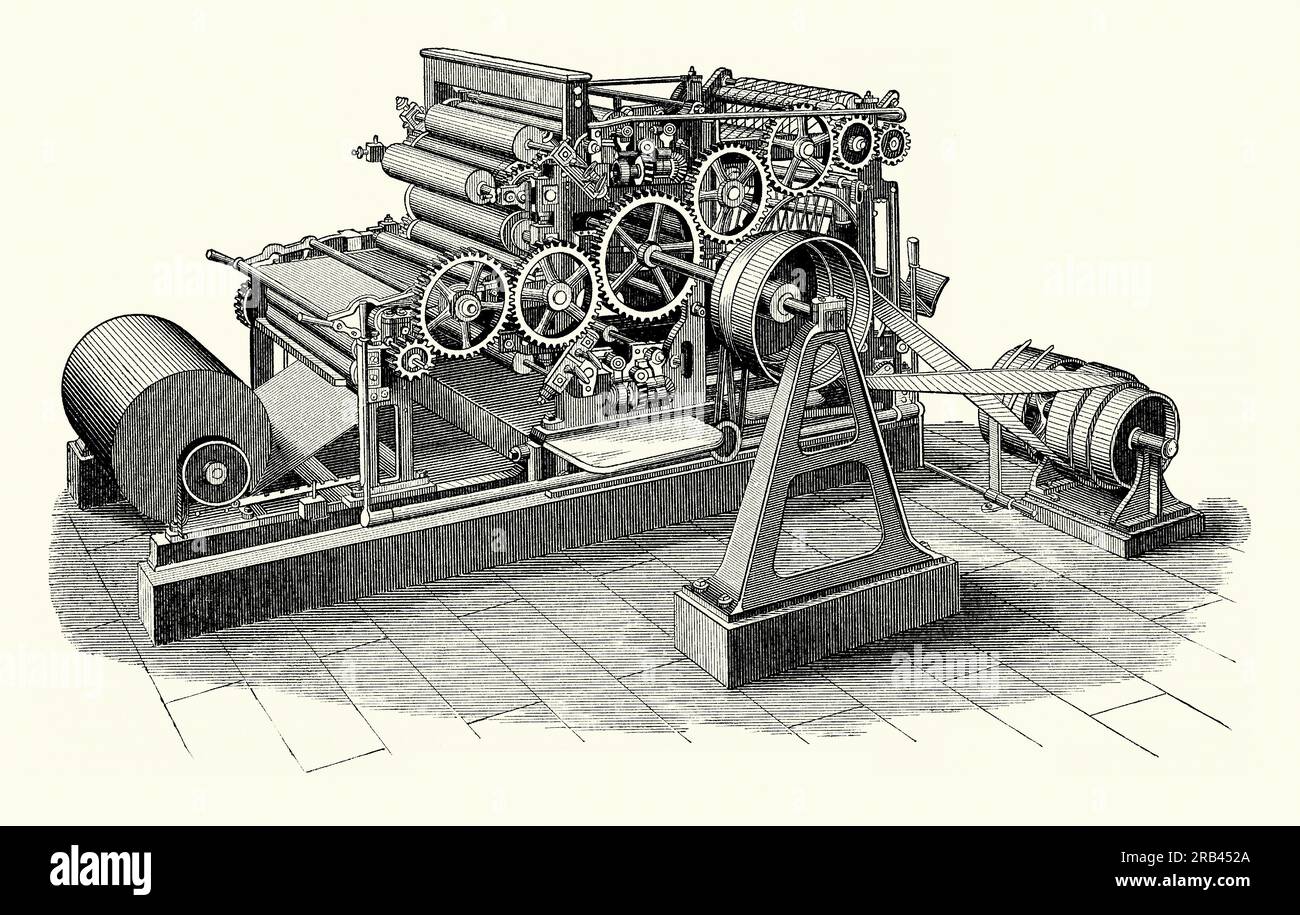 An old engraving of a rotary belt-driven, web printing press of the mechanical engineering company MAN (Maschinenfabrik Augsburg-Nurnberg), from the 1860s. It is from a Victorian mechanical engineering book of the 1880s. MAN is one of Germany’s major engineering companies. The company’s principal areas of innovation have been in the manufacture of printing presses and diesel engines. The company began with the manufacture of flat-bed presses in 1845. Stock Photo