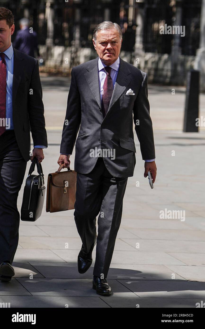 Howard Barclay, the son of the late Sir David Barclay, who shares day-to-day responsibility for 'group business' with his brother Aidan, arrives at the Royal Courts of Justice, London, ahead of the latest hearing of Sir Frederick Barclay in his fight with ex-wife Lady Hiroko Barclay in the Family Division of the High Court. Picture date: Friday July 7, 2023. Stock Photo