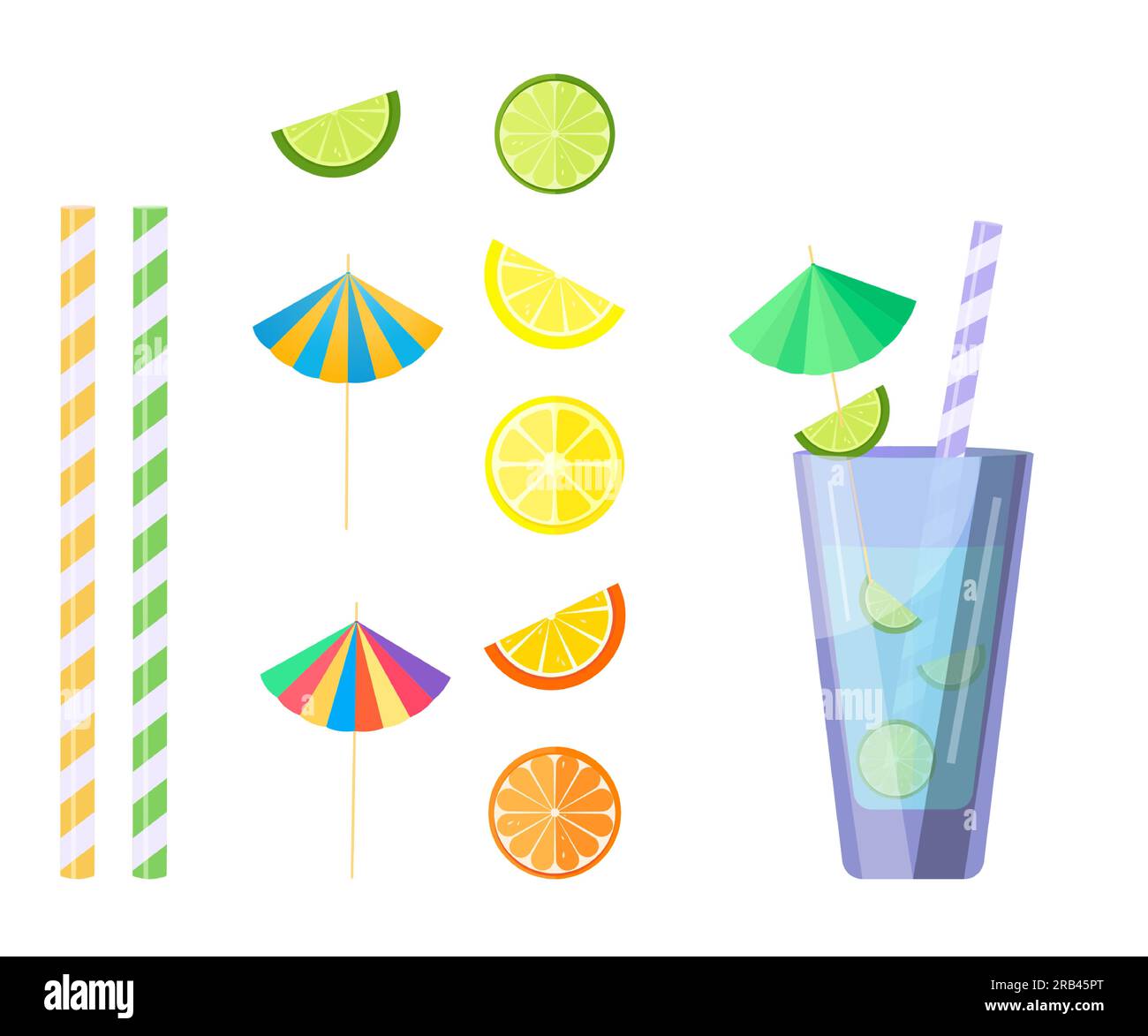 Set for a cocktail, freshly squeezed juices. Fruits, glass, straws, cocktail umbrellas. Vector Stock Vector
