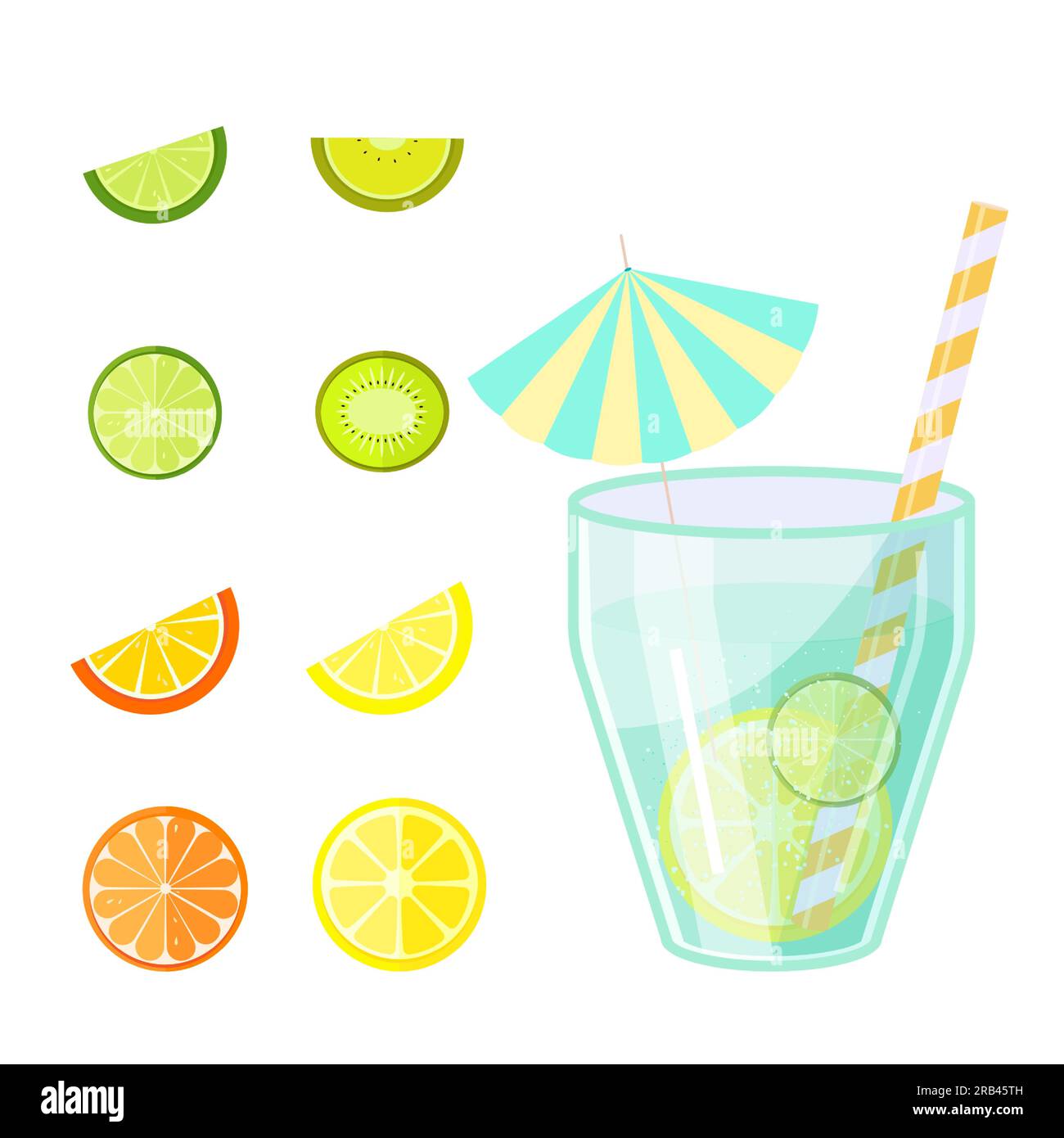 Set for a cocktail, freshly squeezed juices. Fruits,citruses, glass, straws, cocktail umbrellas. Vector Stock Vector