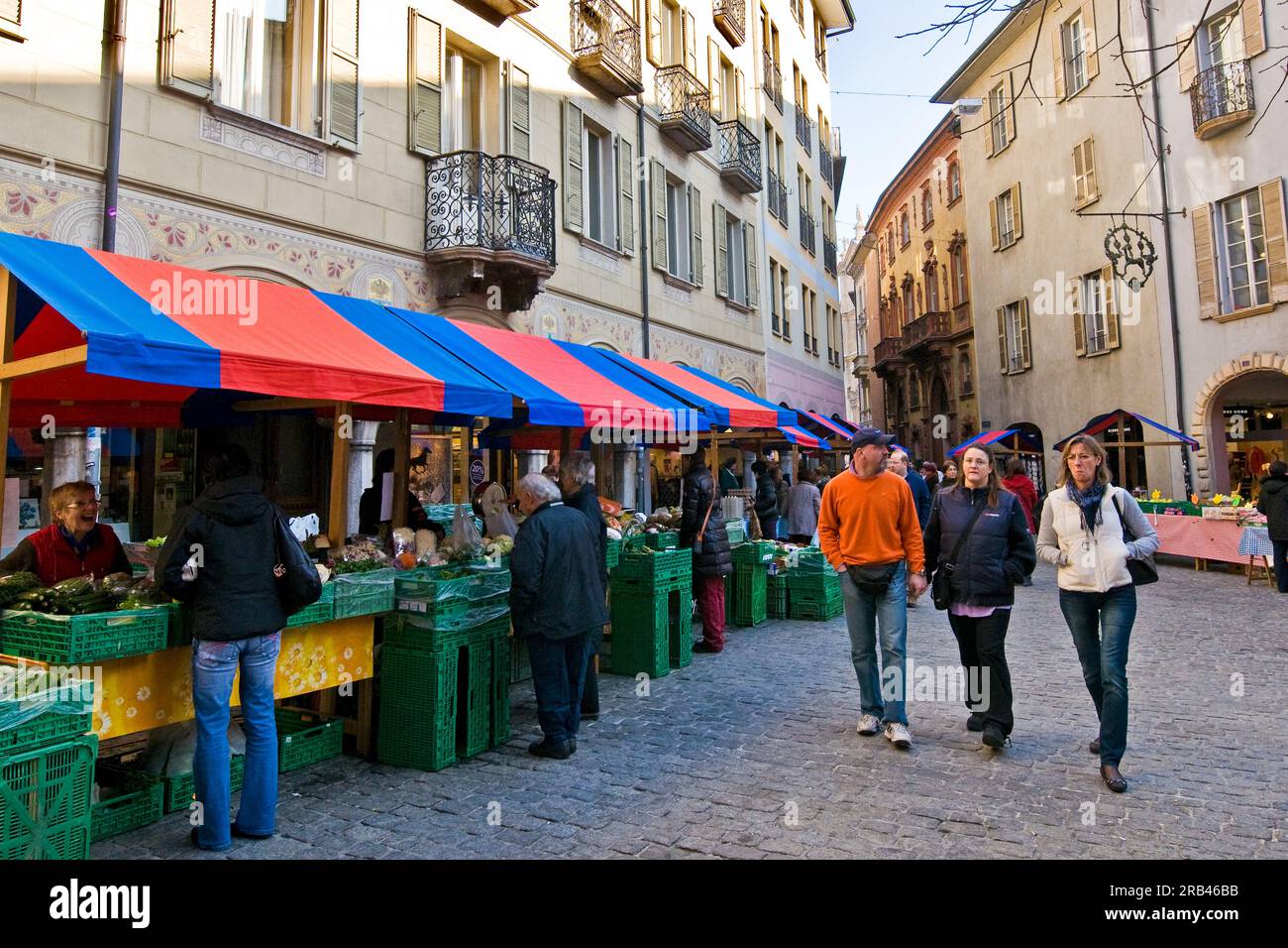 Market in town, Bellinzona, Canton Ticino, Switzerland Stock Photo