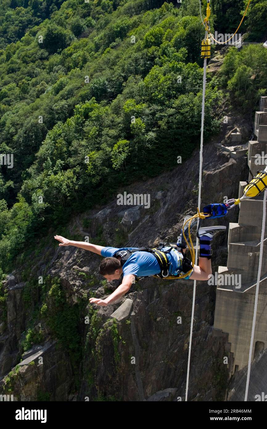 Switzerland, Canton Ticino, Verzasca dam, Bungee jumping Stock Photo
