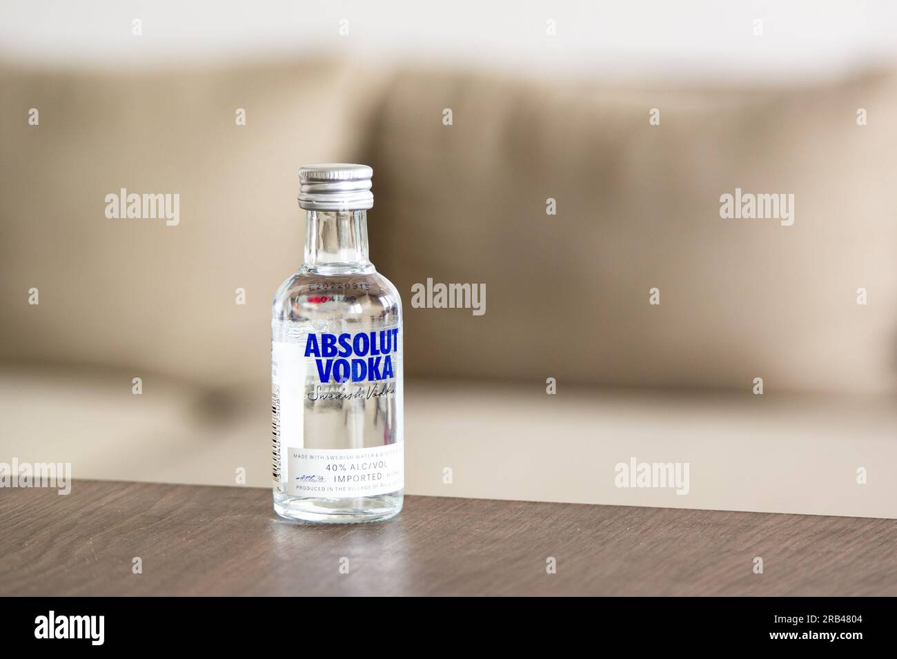OSTRAVA, CZECH REPUBLIC - JUNE 21, 2023: Small bottle of Absolut Vodka spirit made from Swedish water and alcohol Stock Photo