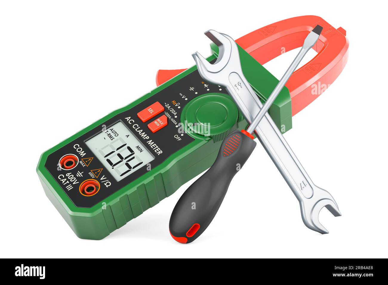Digital multimeter with screwdriver and wrench. 3D rendering isolated