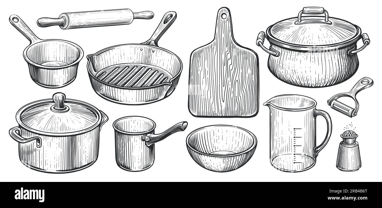 Kitchen utensils set in vintage engraving style. Cooking concept