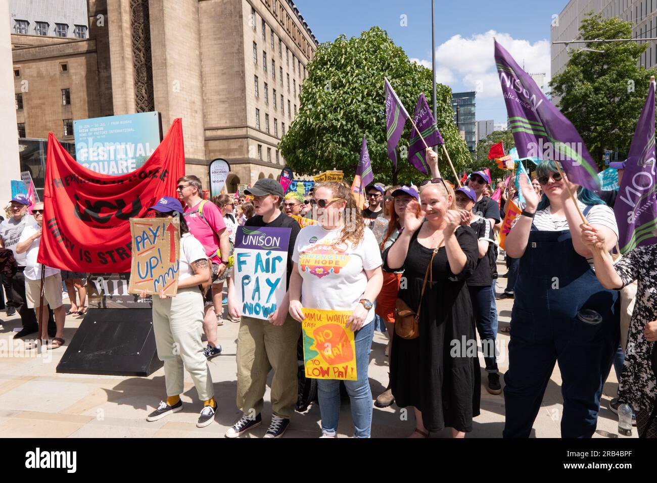 Striking NEU teachers  joined with striking UNISON members from Manchester Metropolitan University and striking Unite members from First Bus for a demonstration at St Peter’s Square Manchester 7th July 2023. Picture: garyroberts/worldwidefeatures.com Stock Photo
