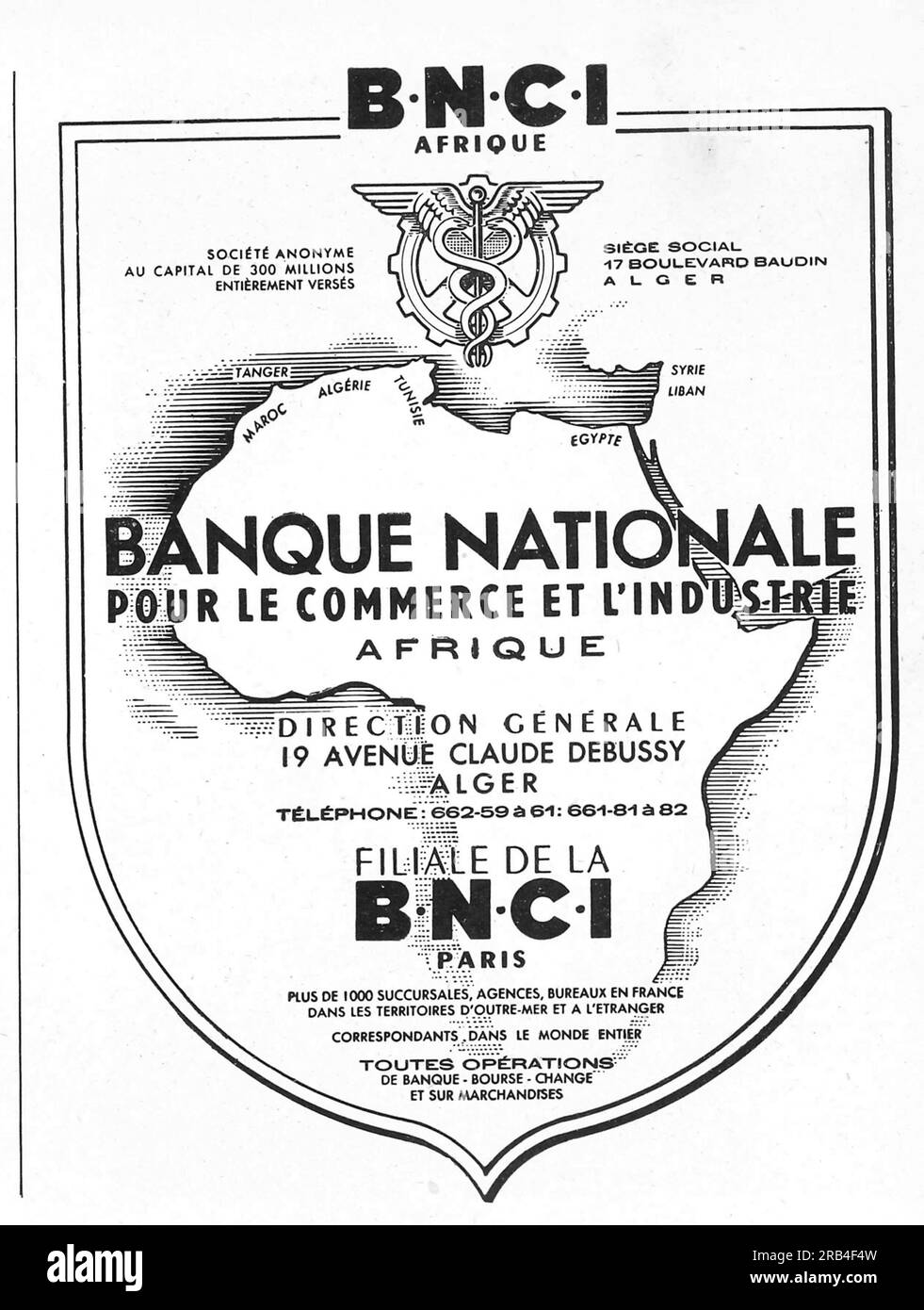 Banque nationale pour le commerce et l'industrie Afrique Bank advertisiment in a French magazine 1950 Stock Photo