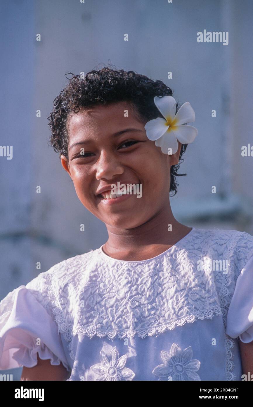 Smiling Young Girl in Traditional Dress, Upolu Island, Samoa, Polynesia Stock Photo