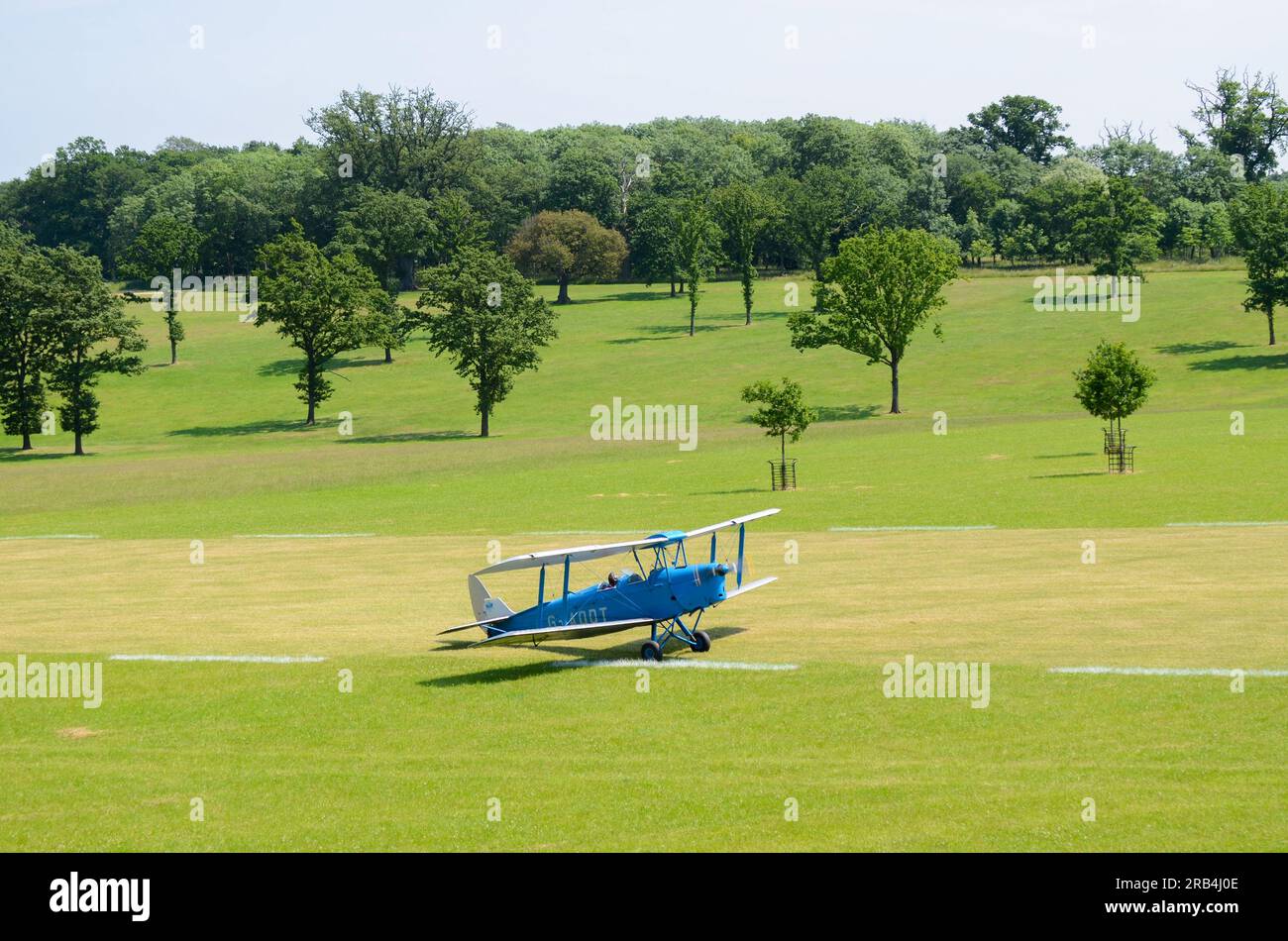 Tiger Moth plane taxiing on grass airstrip at wings & wheels event in