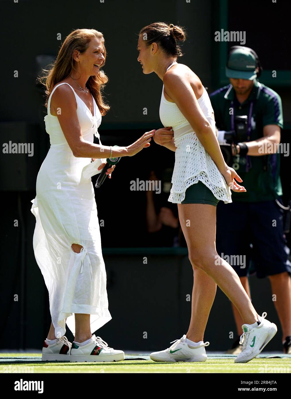 Annabel Croft during a post match interview with Aryna Sabalenka on day