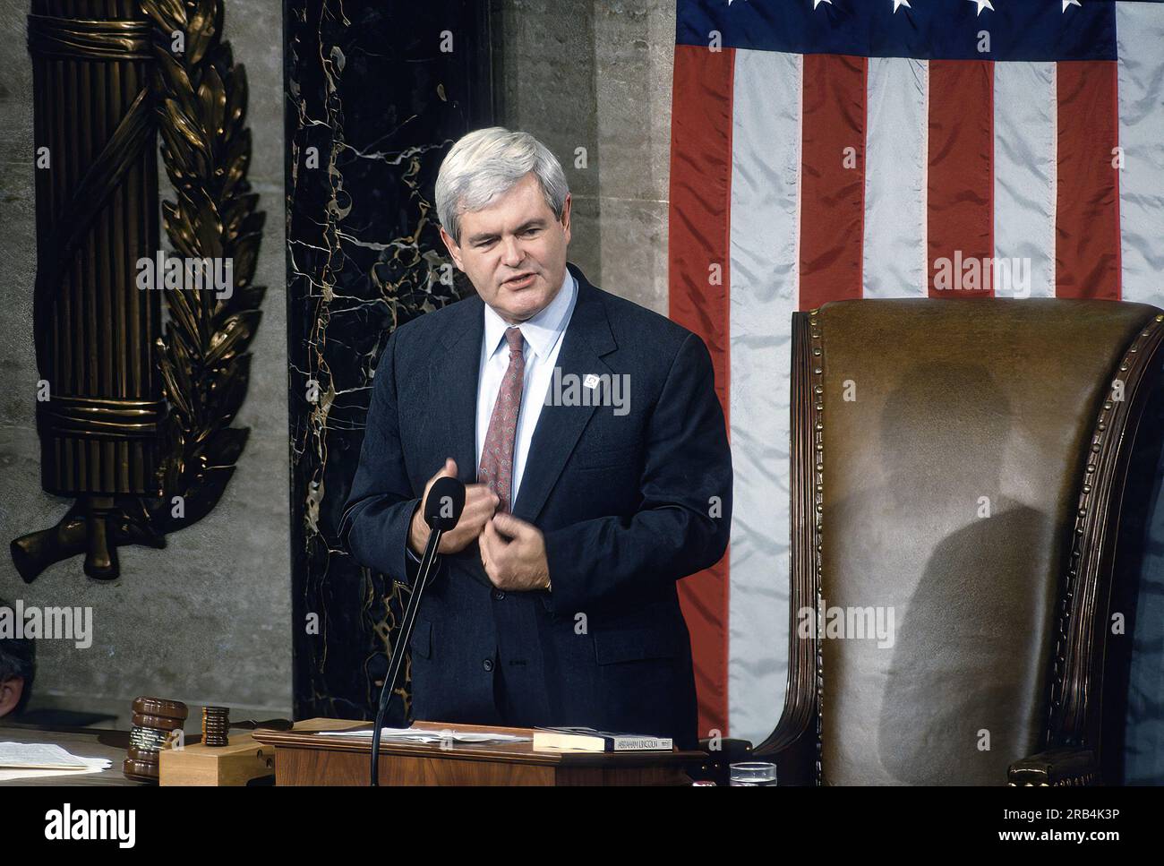WASHINGTON DC - JANUARY 4, 1995 Speaker of the House Newt Gingrich stands at the speakers podium as he presides over opening day of the 104th Congress Stock Photo